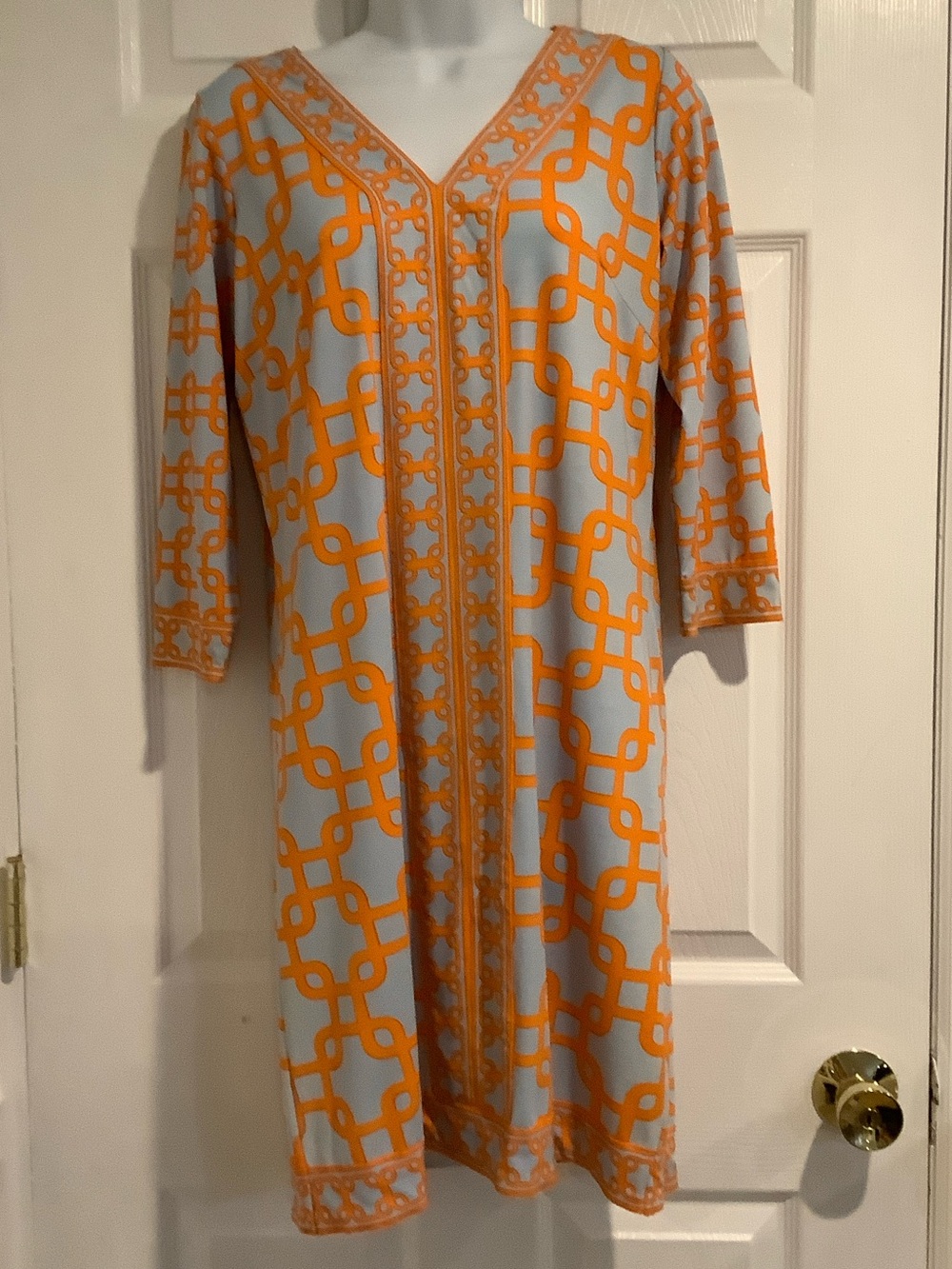 GRETCHEN SCOTT Blue/Orange Half Sleeve Geometric Stretchy Resortwear Dress S